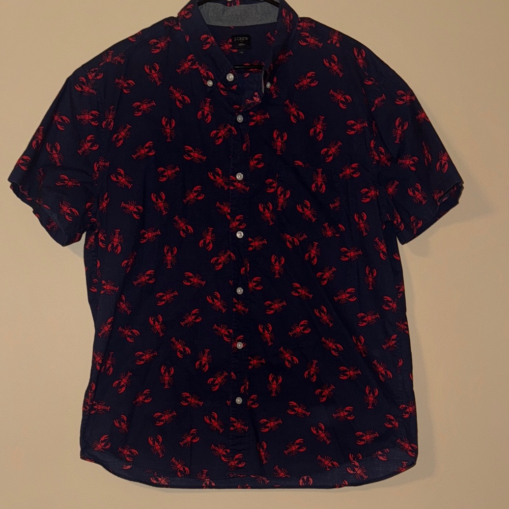 J. Crew Dark Blue Button Up Shirt with Red Lobster Pattern, XL
